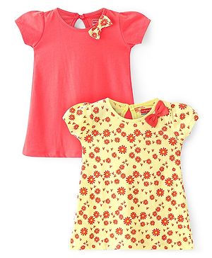 Babyhug 100% Cotton Knit Half Sleeves Frock with Floral Print Pack of 2 - Red & Yellow