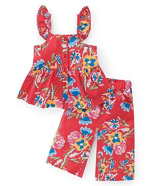Babyhug Single Jersey Knit Frill Sleeves Top with Pant Set Floral Print - Red