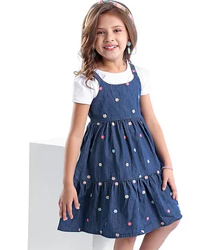 Babyhug Cotton Woven  Frock With Half Sleeves Inner T-Shirt with Floral Embroidery - Blue & White