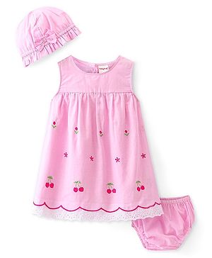 Babyhug 100% Cotton Knit Sleeveless Frock With Bloomer Floral & Cherry Embroidery - Pink
