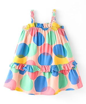 Babyhug 100% Cotton Woven Sleeveless Singlet Frock with Polka Dot Print & Frill Design - Multicolour