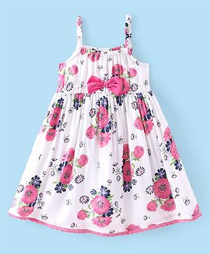 Babyhug Poplin Sleeveless Floral Printed Frock with Bow - White