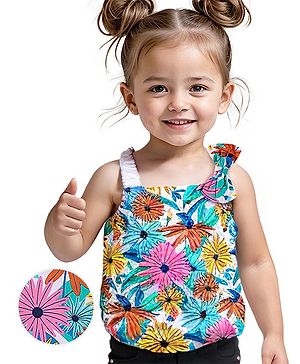 Babyhug Cotton Knit Sleeveless Singlet Top with Floral Print & Bow Detailing - White