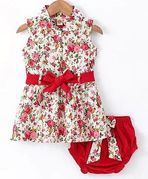 Dew Drops Cotton Woven Sleeveless Frock Floral Print with Bow Applique and Bloomer - Red