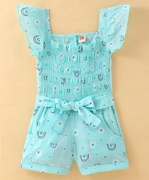 Dew Drops Poplin Half Sleeves Jumpsuits With Rainbow Print - Aqua