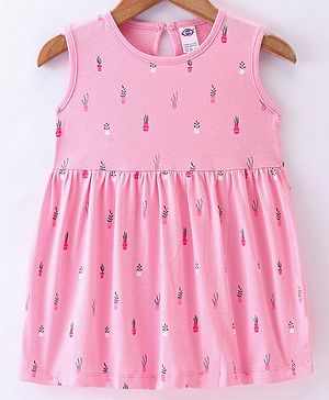 Zero Sinker Sleeveless Plants Printed Frock - Pink