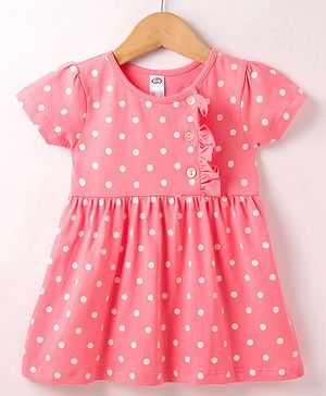 Zero Sinker Half Sleeves Polka Dots Printed & Frill Detailing Frock - Coral