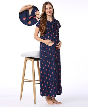 Bella Mama 100% Cotton Knit Half Sleeves Concealed Zipper Nursing Nighty Kolka Print - Navy Blue