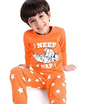 Babyhug Disney 100% Cotton Knit Full Sleeves Night Suit with 101 Dalmatians Graphics - Orange