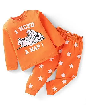 Babyhug Disney 100% Cotton Knit Full Sleeves Night Suit with 101 Dalmatians Graphics - Orange