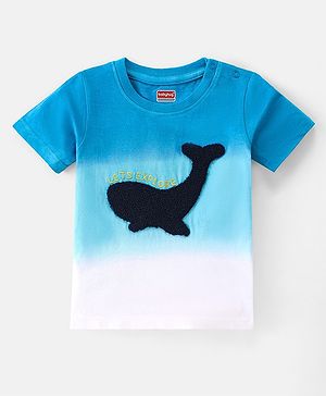 Babyhug 100% Cotton Knit Half Sleeves T-Shirt With Whale Embroidery - White & Blue