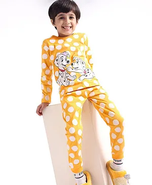 Babyhug Disney Single Jersey Knit Full Sleeves Night Suit Polka Dot and Dalmatians Print - Yellow