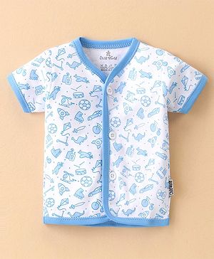 Child World Interlock Knit Half Sleeves Vest Car Print - Blue & White
