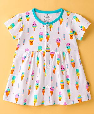 Child World Interlock Half Sleeves Ice Cream Printed Frock - White & Green