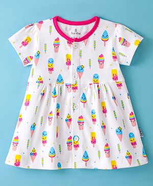 Child World Interlock Half Sleeves Ice Cream Printed Frock - White & Pink