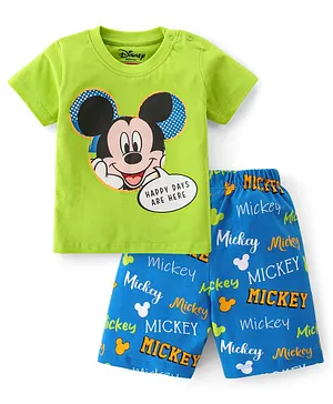 Babyhug Disney Single Knit Knit Half Sleeves Short Set with Mickey Mouse Graphics - Green & Blue