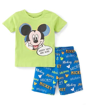 Babyhug Disney Single Jersey  Knit Half Sleeves Short Set with Mickey Mouse Graphics - Green & Blue