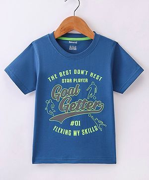 Smarty Boys Cotton Lycra Half Sleeves Text & Soccer Printed T-Shirt - Blue