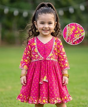 Babyhug 100% Cotton Woven Ethnic Dresses and Jacket with 3/4th Sleeves and Floral Print in Pink for 3-6 Months