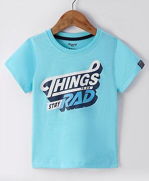 Smarty Boys 100% Cotton Sinker Half Sleeves Text Printed T-Shirt - Light Blue