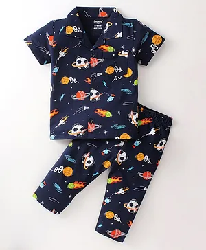 Smarty Boys 100% Cotton Sinker Half Sleeves Night Suit Space Sports Print - Navy