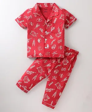 Smarty Boys 100% Cotton Sinker Half Sleeves Night Suit Sports Print - Red