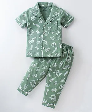 Smarty Boys Cotton Sinker Half Sleeves Night Suit Sports Print - Green