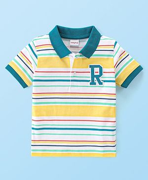 Babyhug 100% Cotton Knit Half Sleeves Striped  Polo T-Shirt with Graphics - Multicolour