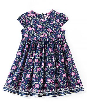 Babyhug Cotton Half Sleeves Ethnic Dress Floral Print - Navy Blue