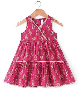 Babyhug Cotton Sleeveless Front Overlap Tiered Ethnic Dress Floral Print - Fuschia