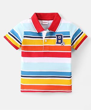 Babyhug Cotton Knit Half Sleeves Striped with Text Graphics Polo T-Shirt - Multicolour