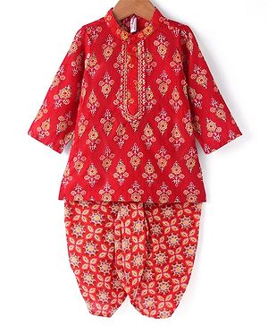 Babyhug Cotton Woven Full Sleeves Kurta & Dhoti Set with Floral Print - Red