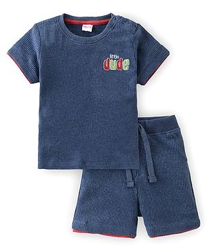 Babyhug Single Jersey Knit Half Sleeves T-Shirt & Shorts Set With Text Embroidery - Grey