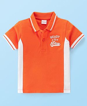 Babyhug 100% Cotton Knit Half Sleeves Cut & Sew Polo T-Shirt With Text Graphics - White & Orange