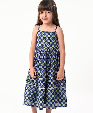 Babyhug 100% Woven Cotton Sleeveless Singlet Ethnic Dress with Floral Print-  Navy Blue