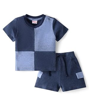 Babyhug Single Jersey Knit Half Sleeves Color Block T-Shirt & Shorts Set- Blue