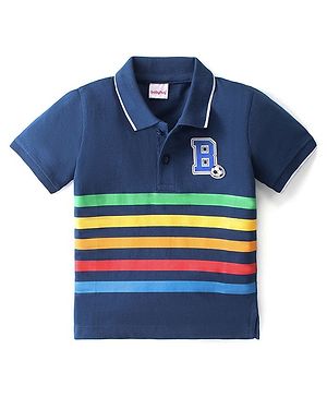 Babyhug Cotton Knit Half Sleeves Striped Polo T-Shirt with Badge Detailing - Navy Blue
