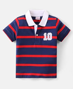 Babyhug Cotton Half Sleeves Striped Polo T-Shirt With Number Embroidery - Navy
