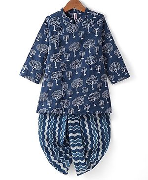 Babyhug Cotton Woven Full Sleeves Kurta & Leheriya Dhoti Set Trees Print - Indigo