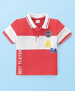 Babyhug 100% Cotton Knit Half Sleeves Polo T-Shirt with With Rugby Embroidery - Red & White