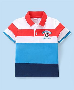 Babyhug Cotton Knit Half Sleeves Football Embroidered Polo T-Shirt with Cut & Sew Design - Blue & White