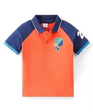 Babyhug Cotton Half Sleeves Polo T-Shirt With Tiger Print - Orange & Navy