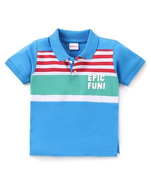 Babyhug Cotton Knit Half Sleeves Polo Striped T-Shirt with Text Print - Multicolour
