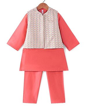 Babyhug Woven Full Sleeves Solid Kurta Pyjama Set With Mirror Embroided Jacket  -Red