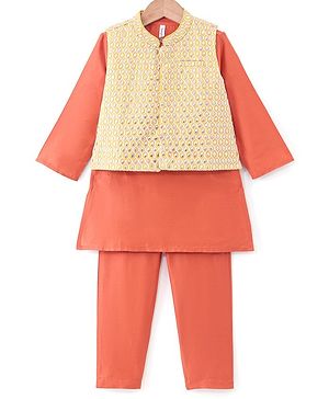 Babyhug Woven Full Sleeves Solid Kurta Pyjama Set With Mirror Embroided Jacket  -Orange