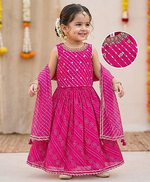 Babyhug 100% Cotton Woven Sleeveless Leheriya Printed Choli Lehenga and Dupatta Set -  Fuschia