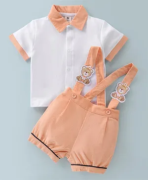 ToffyHouse Half Sleeves Shirt & Short With Teddy Applique - Orange & White