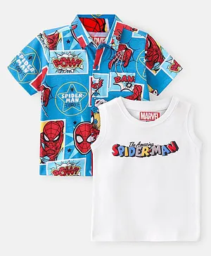 Babyhug Marvel Cotton Knit  Half Sleeve Regular Collar Spiderman Printed Shirt with T-Shirt - Blue & White