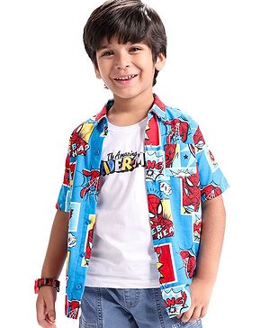 Babyhug Marvel Cotton Knit  Half Sleeve Regular Collar Spiderman Printed Shirt with T-Shirt - Blue & White