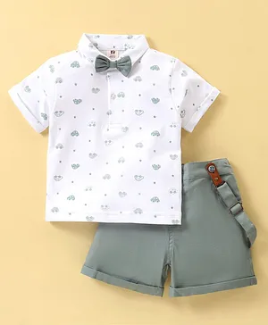 ToffyHouse Half Sleeves T-Shirt & Shorts With Bow Applique Car Print - White & Green